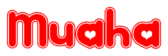   The image is a red and white graphic with the word Muaha written in a decorative script. Each letter in  is contained within its own outlined bubble-like shape. Inside each letter, there is a white heart symbol. 