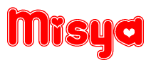The image is a red and white graphic with the word Misya written in a decorative script. Each letter in  is contained within its own outlined bubble-like shape. Inside each letter, there is a white heart symbol.