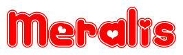 The image is a clipart featuring the word Meralis written in a stylized font with a heart shape replacing inserted into the center of each letter. The color scheme of the text and hearts is red with a light outline.