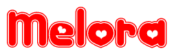 The image displays the word Melora written in a stylized red font with hearts inside the letters.