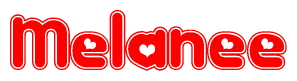 The image is a red and white graphic with the word Melanee written in a decorative script. Each letter in  is contained within its own outlined bubble-like shape. Inside each letter, there is a white heart symbol.