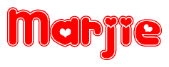 The image is a red and white graphic with the word Marjie written in a decorative script. Each letter in  is contained within its own outlined bubble-like shape. Inside each letter, there is a white heart symbol.