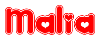   The image is a red and white graphic with the word Malia written in a decorative script. Each letter in  is contained within its own outlined bubble-like shape. Inside each letter, there is a white heart symbol. 