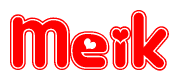 The image is a red and white graphic with the word Meik written in a decorative script. Each letter in  is contained within its own outlined bubble-like shape. Inside each letter, there is a white heart symbol.