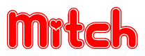 The image is a red and white graphic with the word Mitch written in a decorative script. Each letter in  is contained within its own outlined bubble-like shape. Inside each letter, there is a white heart symbol.