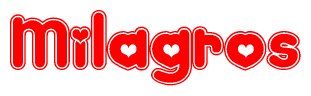 The image is a clipart featuring the word Milagros written in a stylized font with a heart shape replacing inserted into the center of each letter. The color scheme of the text and hearts is red with a light outline.
