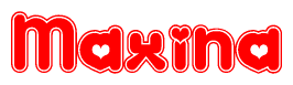 The image is a clipart featuring the word Maxina written in a stylized font with a heart shape replacing inserted into the center of each letter. The color scheme of the text and hearts is red with a light outline.