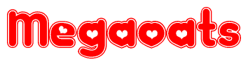 The image is a clipart featuring the word Megaoats written in a stylized font with a heart shape replacing inserted into the center of each letter. The color scheme of the text and hearts is red with a light outline.