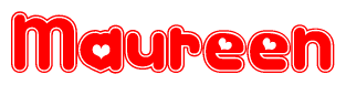 The image is a clipart featuring the word Maureen written in a stylized font with a heart shape replacing inserted into the center of each letter. The color scheme of the text and hearts is red with a light outline.