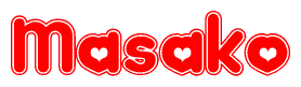 The image is a clipart featuring the word Masako written in a stylized font with a heart shape replacing inserted into the center of each letter. The color scheme of the text and hearts is red with a light outline.