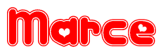 The image is a red and white graphic with the word Marce written in a decorative script. Each letter in  is contained within its own outlined bubble-like shape. Inside each letter, there is a white heart symbol.