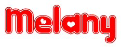 The image is a clipart featuring the word Melany written in a stylized font with a heart shape replacing inserted into the center of each letter. The color scheme of the text and hearts is red with a light outline.