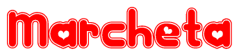 The image is a clipart featuring the word Marcheta written in a stylized font with a heart shape replacing inserted into the center of each letter. The color scheme of the text and hearts is red with a light outline.