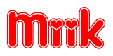 The image is a clipart featuring the word Miik written in a stylized font with a heart shape replacing inserted into the center of each letter. The color scheme of the text and hearts is red with a light outline.