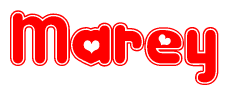 The image is a red and white graphic with the word Marey written in a decorative script. Each letter in  is contained within its own outlined bubble-like shape. Inside each letter, there is a white heart symbol.