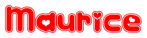 The image displays the word Maurice written in a stylized red font with hearts inside the letters.