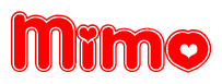 The image is a clipart featuring the word Mimo written in a stylized font with a heart shape replacing inserted into the center of each letter. The color scheme of the text and hearts is red with a light outline.