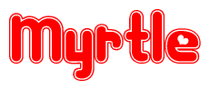 The image is a red and white graphic with the word Myrtle written in a decorative script. Each letter in  is contained within its own outlined bubble-like shape. Inside each letter, there is a white heart symbol.