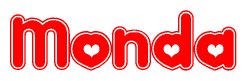 The image is a clipart featuring the word Monda written in a stylized font with a heart shape replacing inserted into the center of each letter. The color scheme of the text and hearts is red with a light outline.