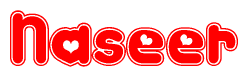   The image is a clipart featuring the word Naseer written in a stylized font with a heart shape replacing inserted into the center of each letter. The color scheme of the text and hearts is red with a light outline. 
