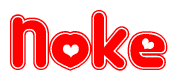The image displays the word Noke written in a stylized red font with hearts inside the letters.