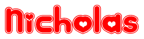 The image is a clipart featuring the word Nicholas written in a stylized font with a heart shape replacing inserted into the center of each letter. The color scheme of the text and hearts is red with a light outline.
