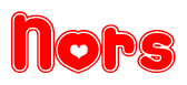 The image is a clipart featuring the word Nors written in a stylized font with a heart shape replacing inserted into the center of each letter. The color scheme of the text and hearts is red with a light outline.