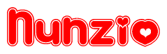 The image is a red and white graphic with the word Nunzio written in a decorative script. Each letter in  is contained within its own outlined bubble-like shape. Inside each letter, there is a white heart symbol.