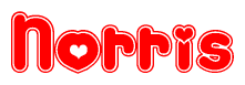 The image is a red and white graphic with the word Norris written in a decorative script. Each letter in  is contained within its own outlined bubble-like shape. Inside each letter, there is a white heart symbol.