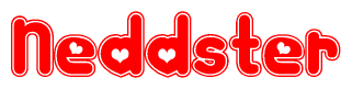 The image is a clipart featuring the word Neddster written in a stylized font with a heart shape replacing inserted into the center of each letter. The color scheme of the text and hearts is red with a light outline.