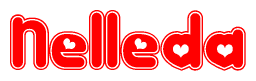 The image is a clipart featuring the word Nelleda written in a stylized font with a heart shape replacing inserted into the center of each letter. The color scheme of the text and hearts is red with a light outline.