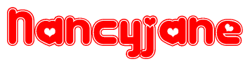The image is a red and white graphic with the word Nancyjane written in a decorative script. Each letter in  is contained within its own outlined bubble-like shape. Inside each letter, there is a white heart symbol.