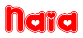 The image is a red and white graphic with the word Naia written in a decorative script. Each letter in  is contained within its own outlined bubble-like shape. Inside each letter, there is a white heart symbol.