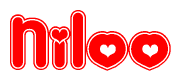 The image is a red and white graphic with the word Niloo written in a decorative script. Each letter in  is contained within its own outlined bubble-like shape. Inside each letter, there is a white heart symbol.