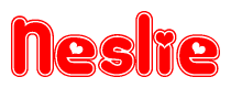 The image is a red and white graphic with the word Neslie written in a decorative script. Each letter in  is contained within its own outlined bubble-like shape. Inside each letter, there is a white heart symbol.