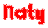 The image is a red and white graphic with the word Naty written in a decorative script. Each letter in  is contained within its own outlined bubble-like shape. Inside each letter, there is a white heart symbol.