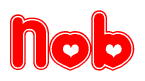 The image is a red and white graphic with the word Nob written in a decorative script. Each letter in  is contained within its own outlined bubble-like shape. Inside each letter, there is a white heart symbol.