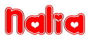 The image is a clipart featuring the word Nalia written in a stylized font with a heart shape replacing inserted into the center of each letter. The color scheme of the text and hearts is red with a light outline.
