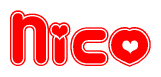 The image is a clipart featuring the word Nico written in a stylized font with a heart shape replacing inserted into the center of each letter. The color scheme of the text and hearts is red with a light outline.