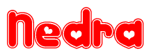 The image is a clipart featuring the word Nedra written in a stylized font with a heart shape replacing inserted into the center of each letter. The color scheme of the text and hearts is red with a light outline.