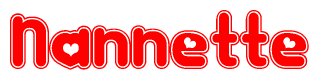 The image is a red and white graphic with the word Nannette written in a decorative script. Each letter in  is contained within its own outlined bubble-like shape. Inside each letter, there is a white heart symbol.