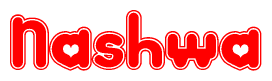 The image is a red and white graphic with the word Nashwa written in a decorative script. Each letter in  is contained within its own outlined bubble-like shape. Inside each letter, there is a white heart symbol.