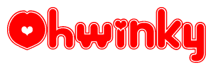 The image is a red and white graphic with the word Ohwinky written in a decorative script. Each letter in  is contained within its own outlined bubble-like shape. Inside each letter, there is a white heart symbol.