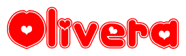 The image is a red and white graphic with the word Olivera written in a decorative script. Each letter in  is contained within its own outlined bubble-like shape. Inside each letter, there is a white heart symbol.
