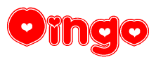 The image is a red and white graphic with the word Oingo written in a decorative script. Each letter in  is contained within its own outlined bubble-like shape. Inside each letter, there is a white heart symbol.