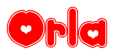 The image is a red and white graphic with the word Orla written in a decorative script. Each letter in  is contained within its own outlined bubble-like shape. Inside each letter, there is a white heart symbol.
