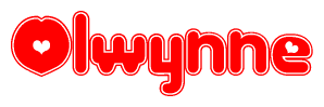 The image is a red and white graphic with the word Olwynne written in a decorative script. Each letter in  is contained within its own outlined bubble-like shape. Inside each letter, there is a white heart symbol.