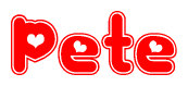 The image is a clipart featuring the word Pete written in a stylized font with a heart shape replacing inserted into the center of each letter. The color scheme of the text and hearts is red with a light outline.