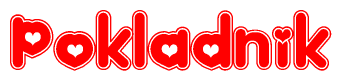 The image is a red and white graphic with the word Pokladnik written in a decorative script. Each letter in  is contained within its own outlined bubble-like shape. Inside each letter, there is a white heart symbol.
