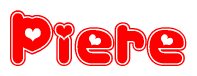 The image is a red and white graphic with the word Piere written in a decorative script. Each letter in  is contained within its own outlined bubble-like shape. Inside each letter, there is a white heart symbol.